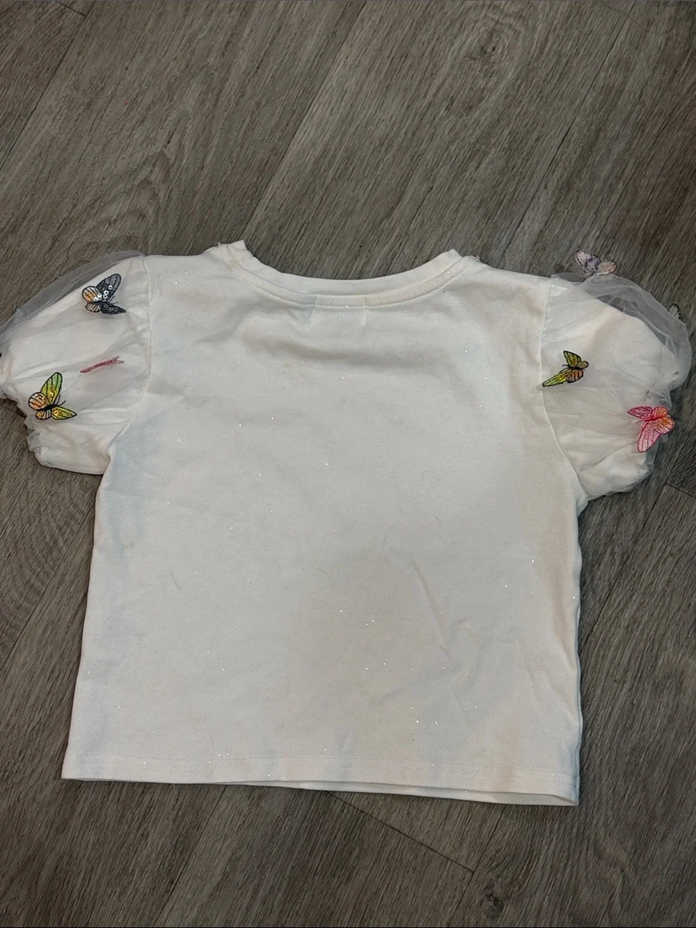 lola White Tee with Rainbow Bead Neckline & Butterfly Puff Sleeves